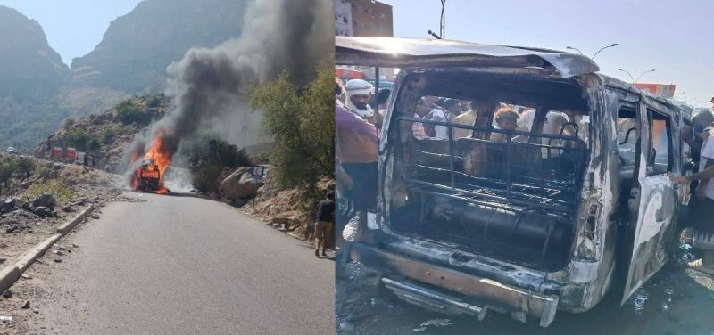 حريق يلتهم حافلتي ركاب في نقيل هيجة العبد وعدن